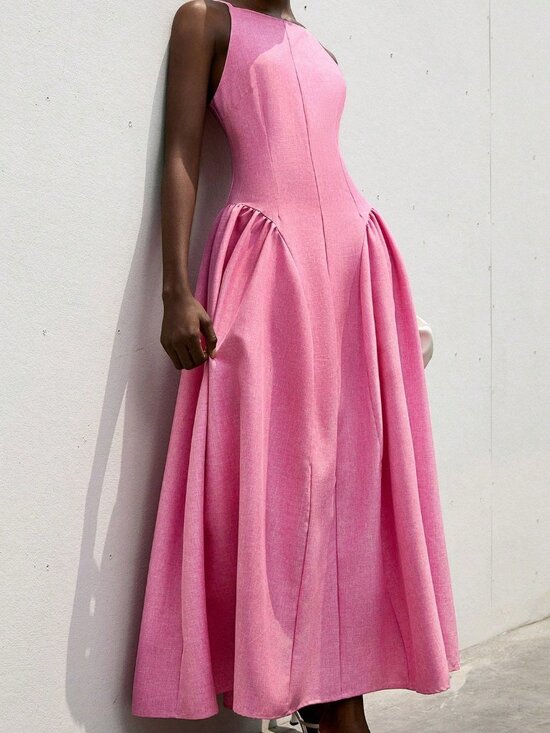 MODA ME COUTURE Dresses & Skirts - Pink Casual Women's Elegant Sleeveless Tie-Waist Pleated Flare Dress